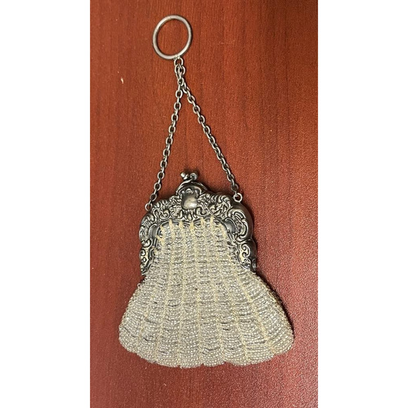 Antique German Silver Beaded Chatelain Coin Purse Repousse - Picture 1 of 5